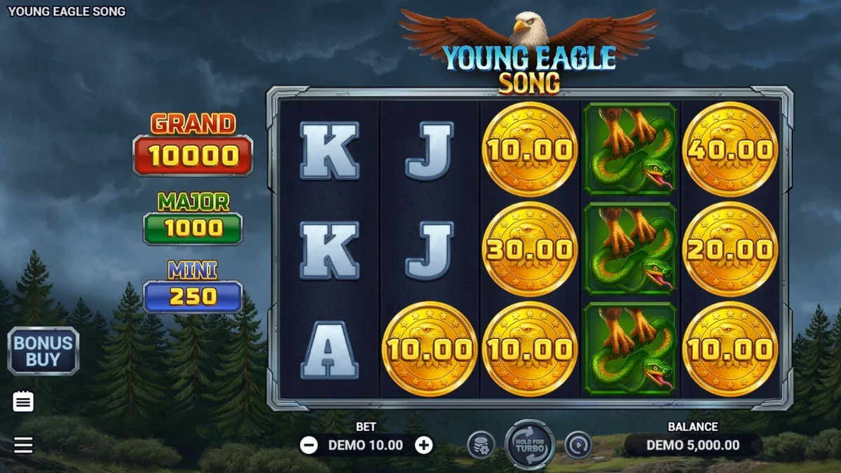 Pemandangan atmosferik slot Young Eagle Song dengan latar belakang hutan pinus dan elang.