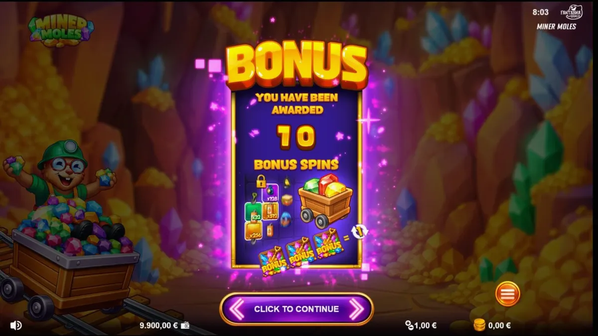 Tampilan visual permainan slot Miner Moles dengan tema pertambangan dan karakter mole yang lucu.